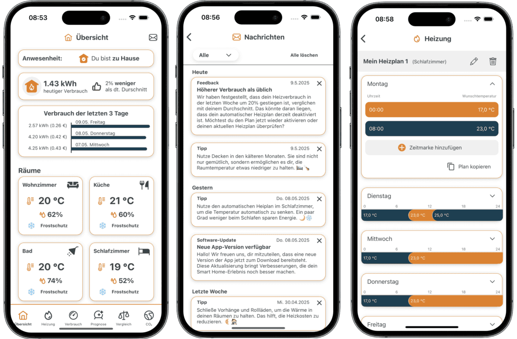 Digitale Nudges im Wohnalltag: Wie die SECAI-App Verhalten in Energieeinsparungen übersetzt. 1 Die SECAI-App bietet nicht nur Steuerung & Automatisierung der Heizung, sondern auch Handlungshinweise für die Mietenden.